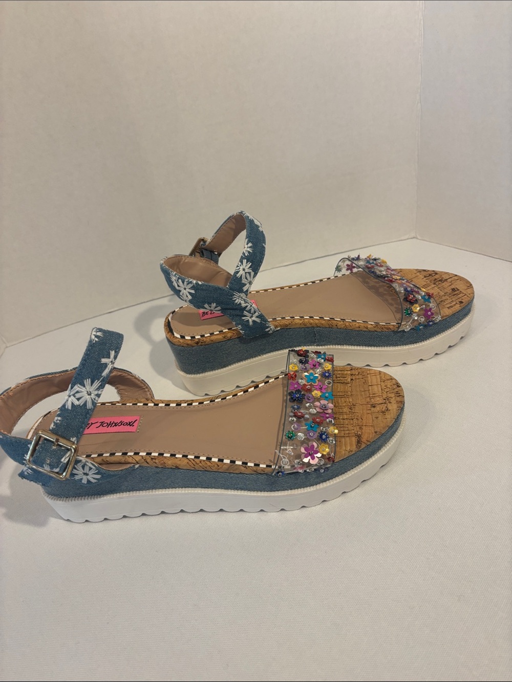 Betsey Johnson cork platform Denim Wedge Sandals with Floral Sequins straps. 9 - Picture 3 of 10